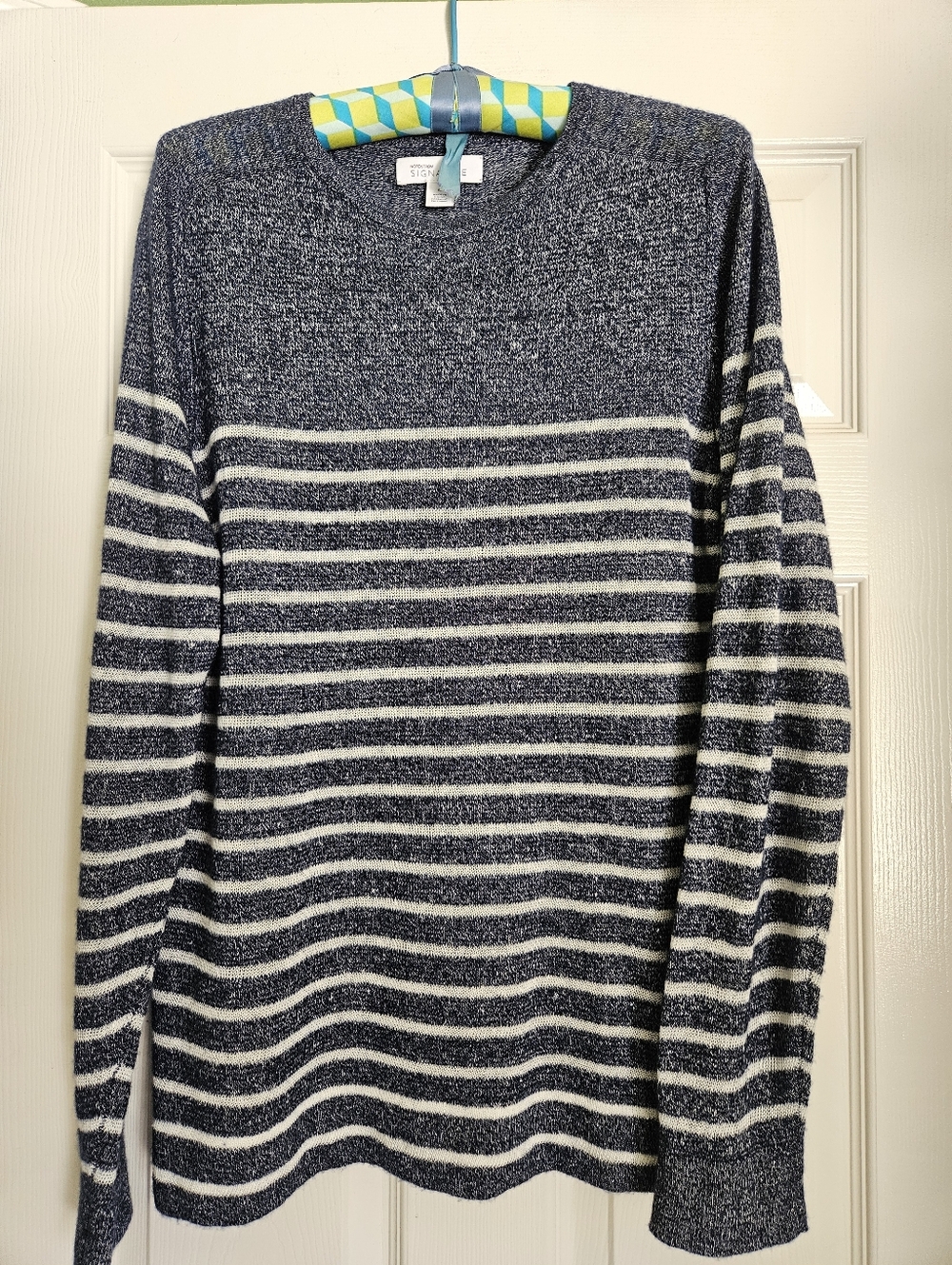 Nordstrom Signature Cashmere Linen Blue Stripe Mens Crewneck Sweater - MEDIUM - Picture 2 of 6